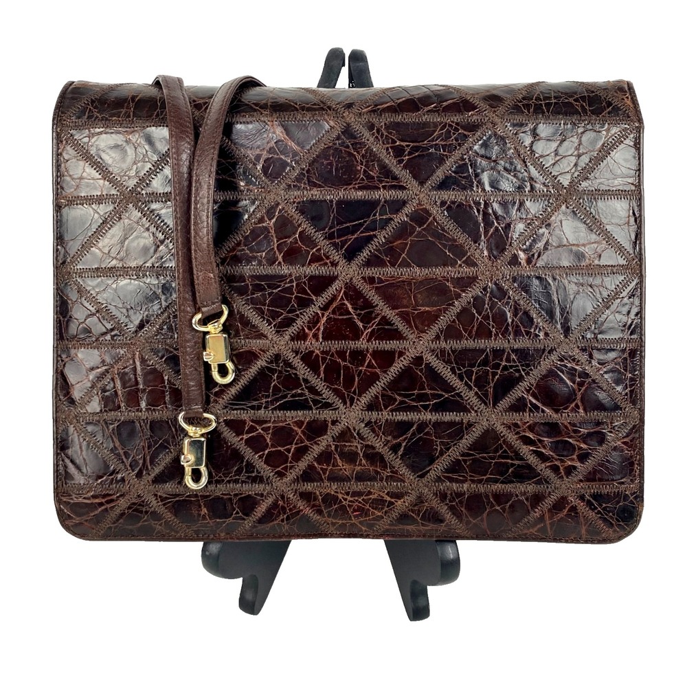 Italian Croc Skin Leather Clutch Shoulder Bag Brown Purse Vtg Detachable Strap